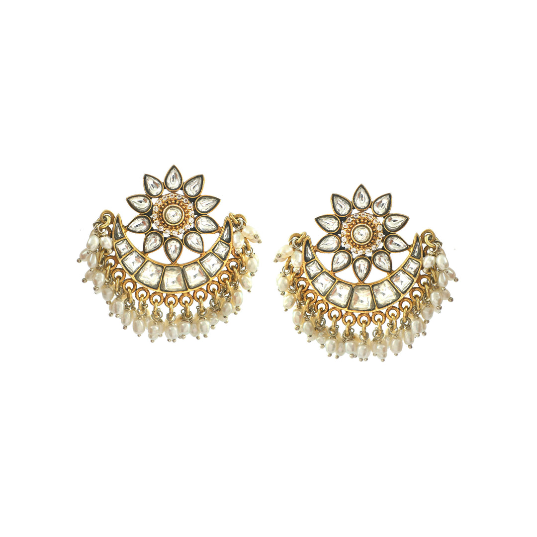 Gold-Plated Silver Sun-Floral Kundan Stud Earrings