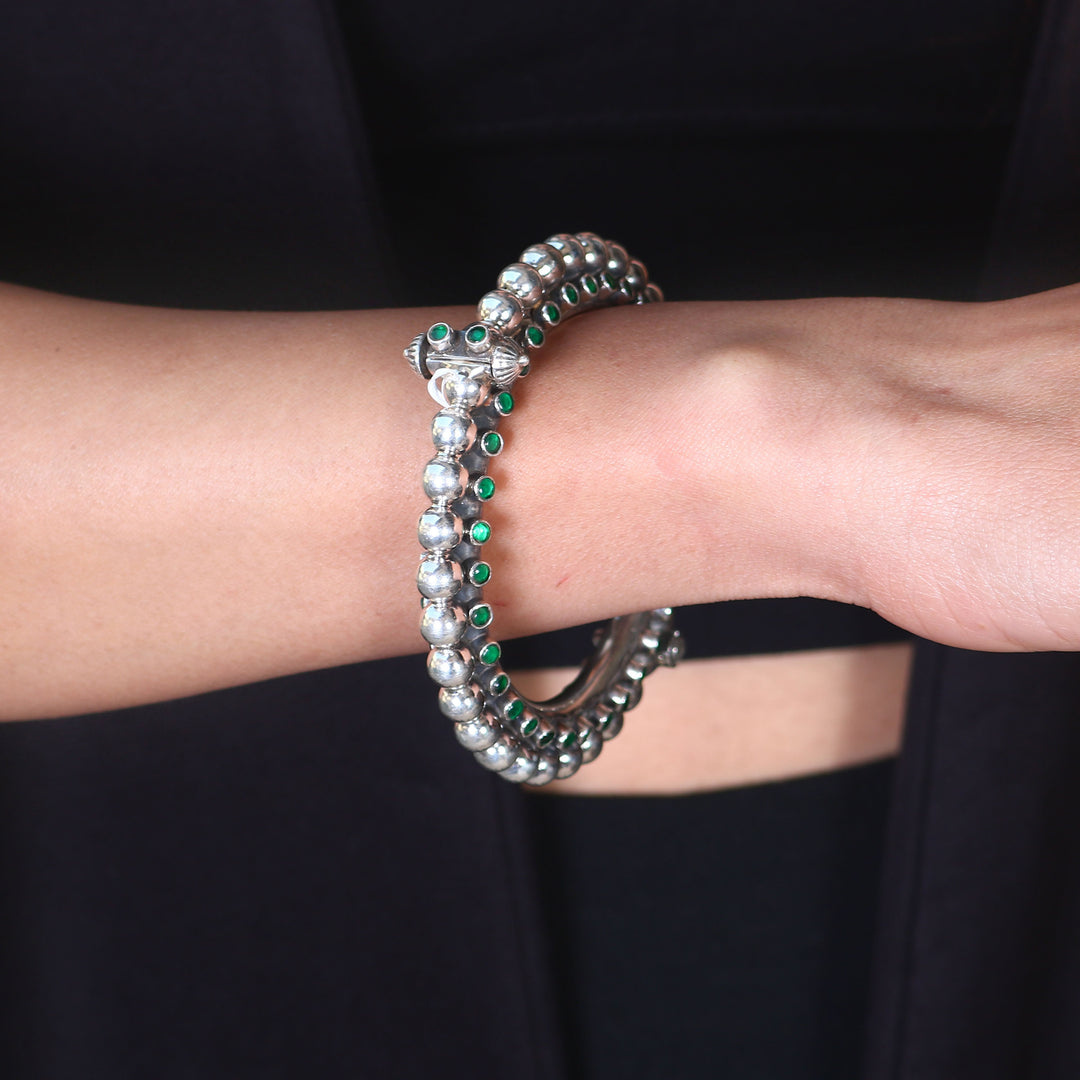 Silver Green Pota Stone Statement Bangle