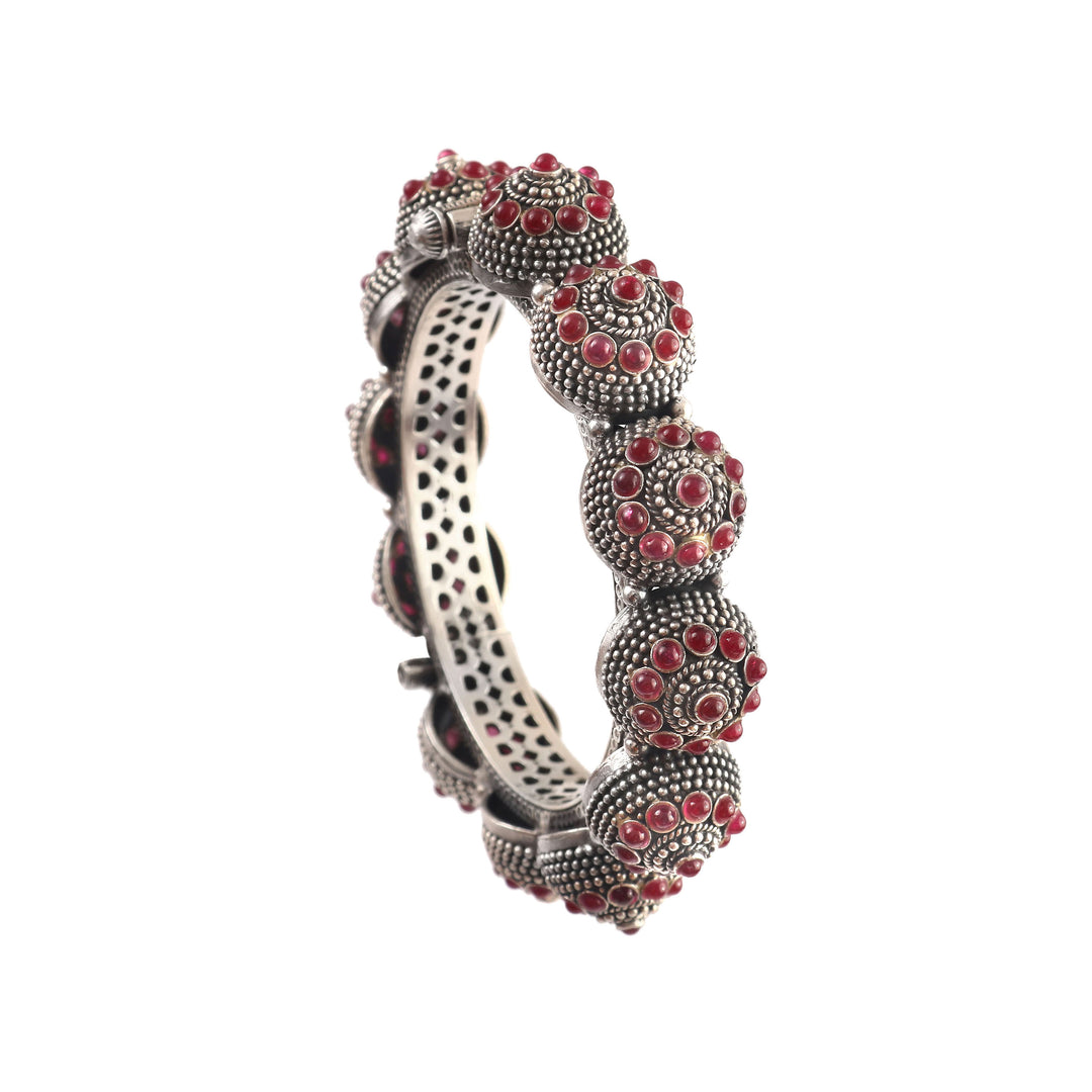 Silver Floral Red Pota Gemstone Statement Bangle