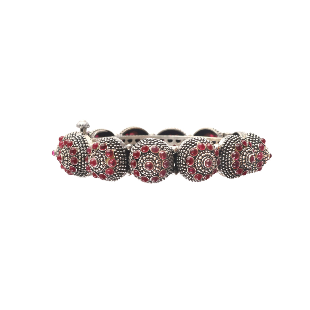 Silver Floral Red Pota Gemstone Statement Bangle