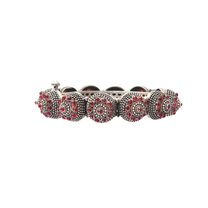 Silver Floral Red Pota Gemstone Statement Bangle