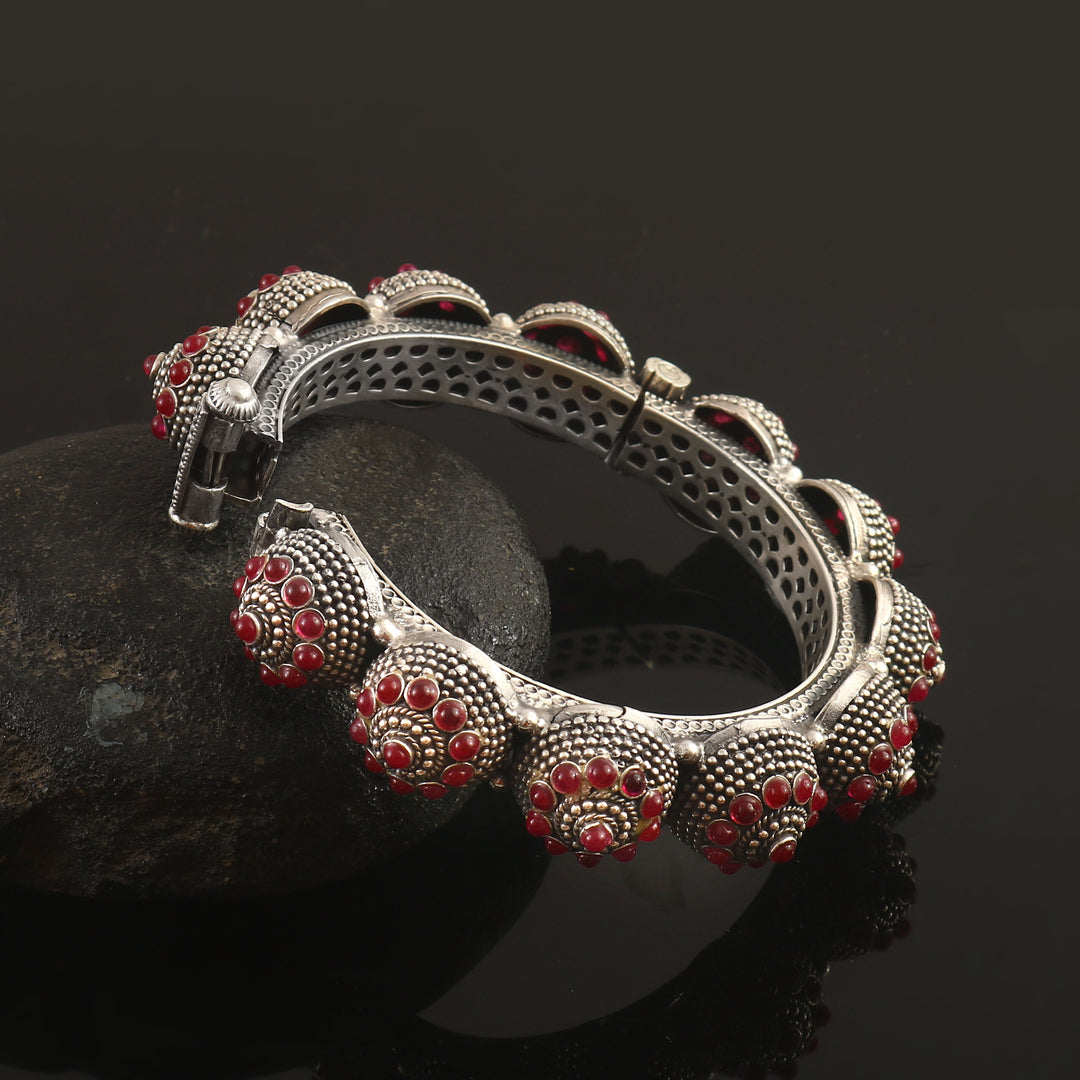 Silver Floral Red Pota Gemstone Statement Bangle