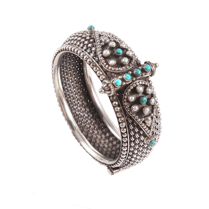 Silver Pearl & Firoza Beads Stone Statement  Bangle