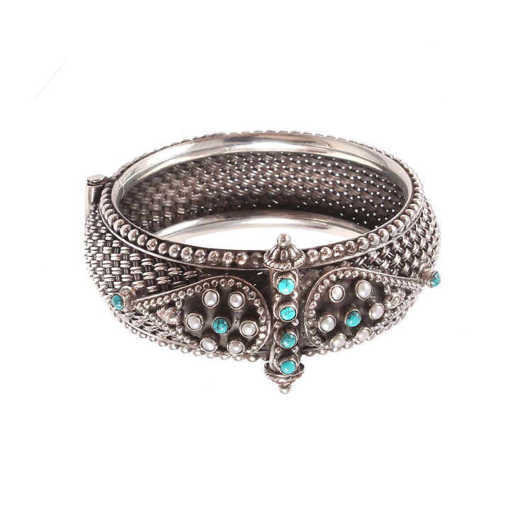 Silver Pearl & Firoza Beads Stone Statement  Bangle