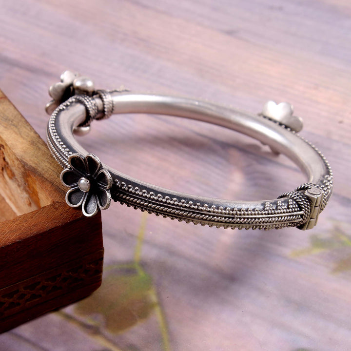 Beautiful Silver Floral Pearl Stone Bangle
