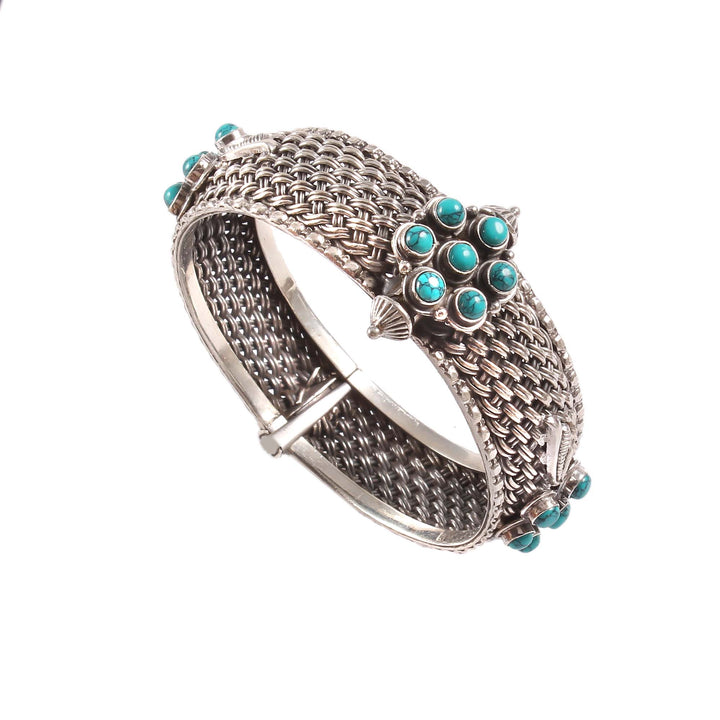 Silver Floral Firoza Stone Kada Bangle