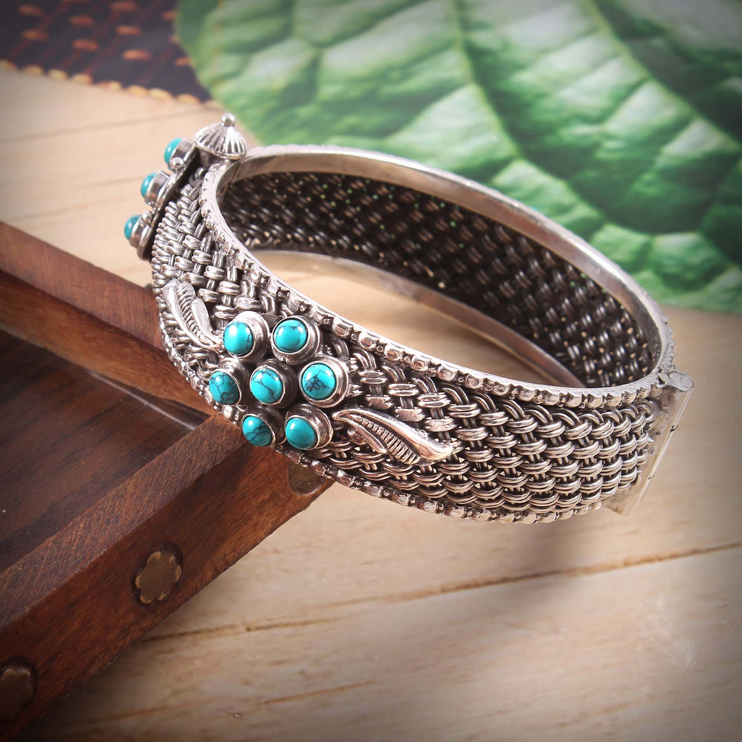 Silver Floral Firoza Stone Kada Bangle