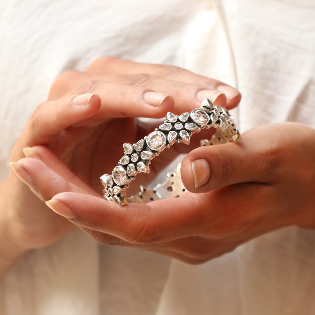 Silver Adorable Floral, CZ's Kada Bangle