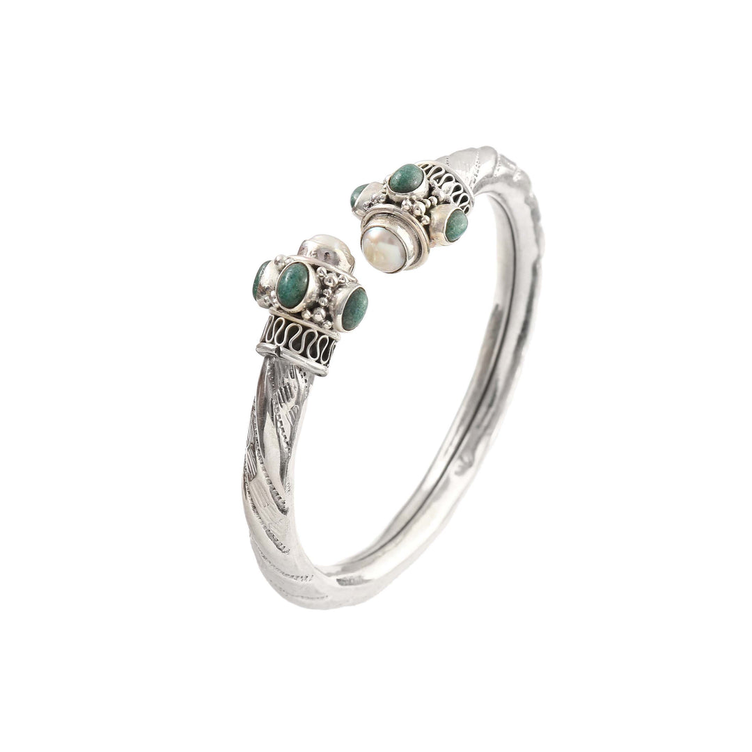 Silver Pearl & Green Onyx Twister Bangle