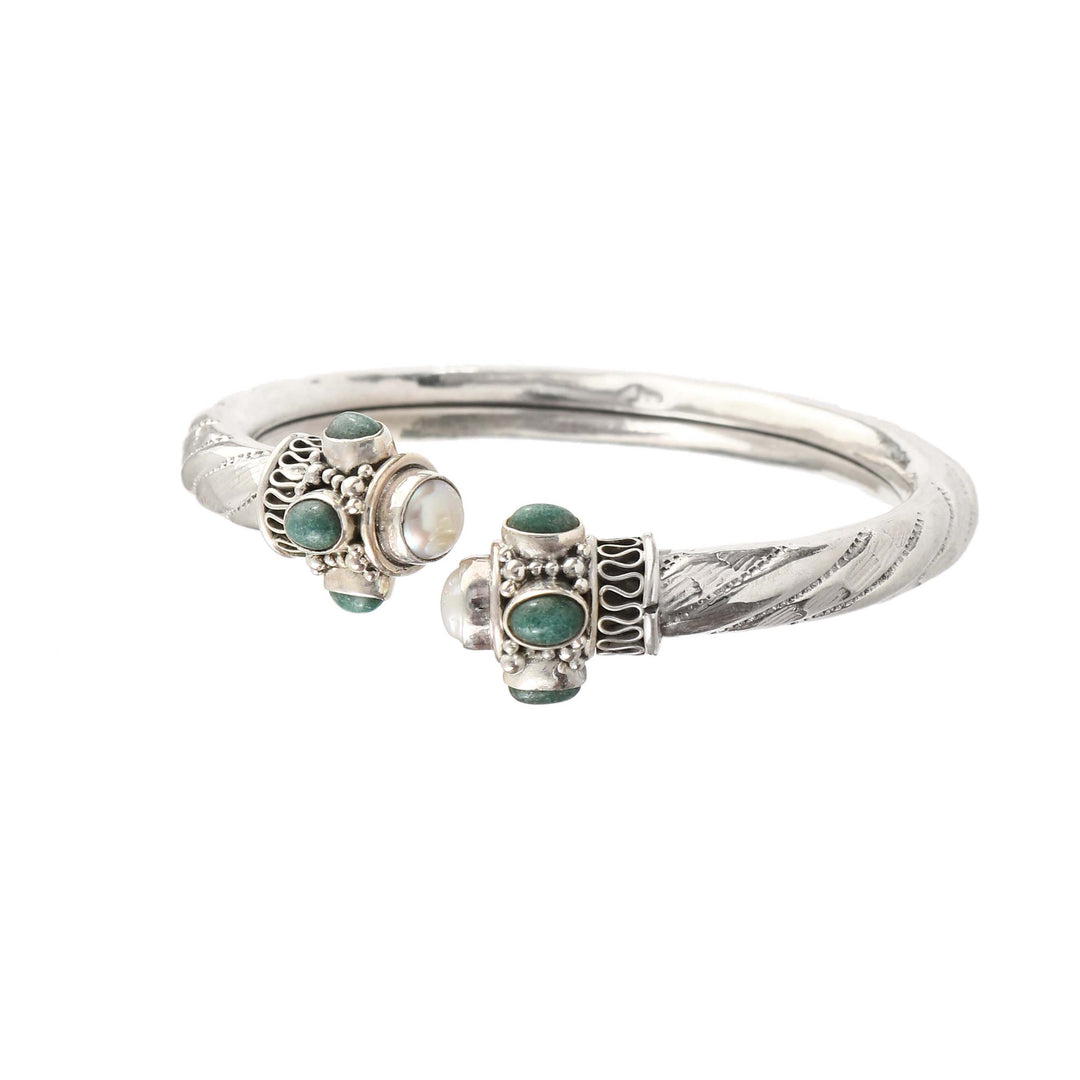 Silver Pearl & Green Onyx Twister Bangle