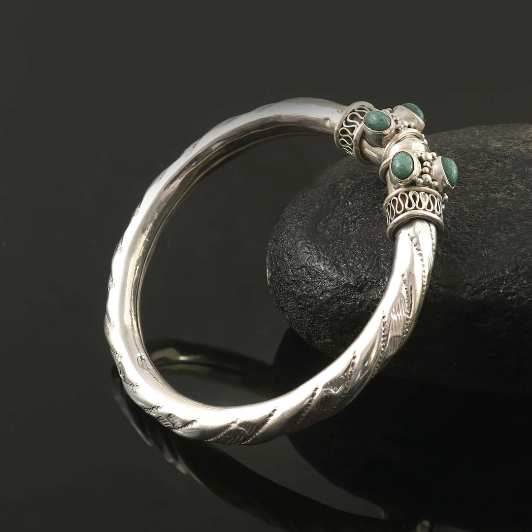 Silver Pearl & Green Onyx Twister Bangle