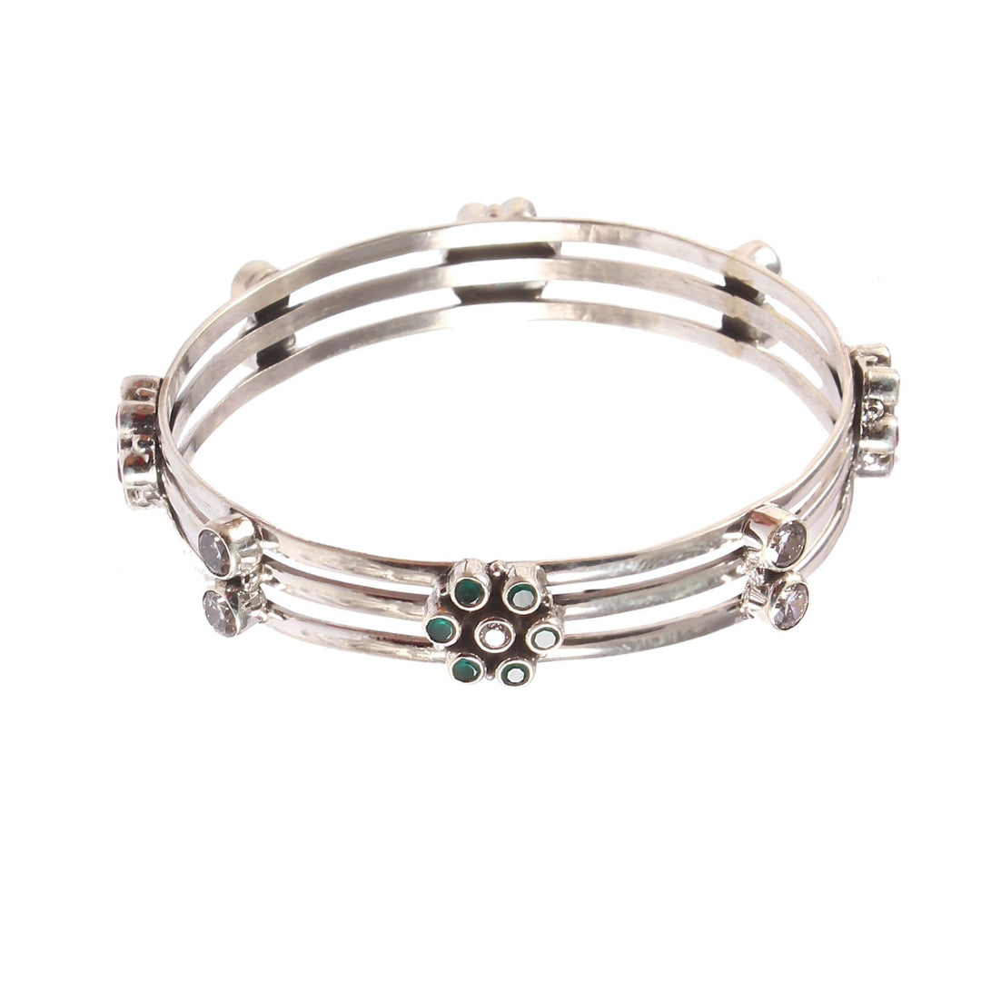 Silver Floral Design, Multi-Color Gemstone Bangle
