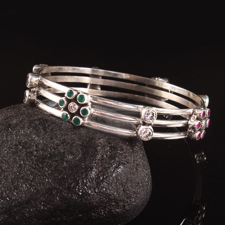 Silver Floral Design, Multi-Color Gemstone Bangle