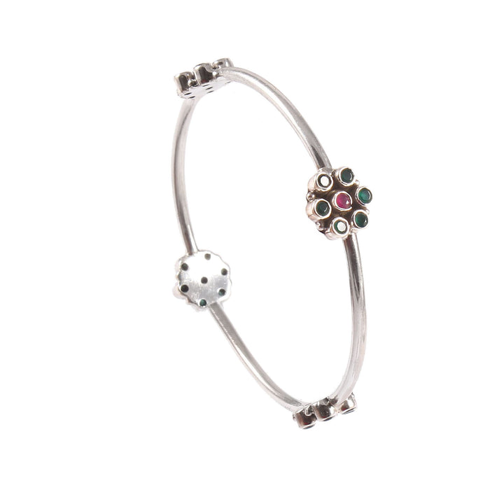Silver Floral Design, Green Stone Classic Bangle