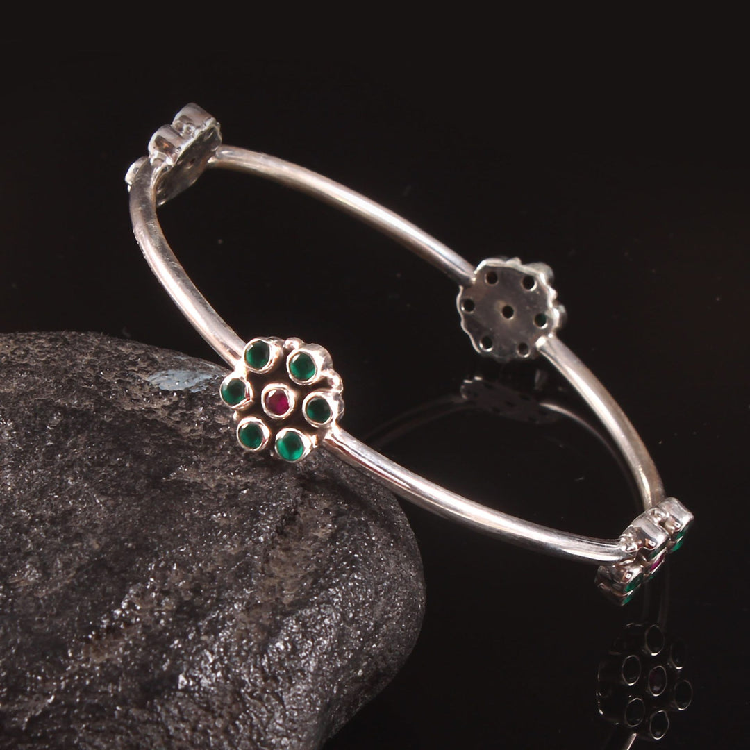 Silver Floral Design, Green Stone Classic Bangle