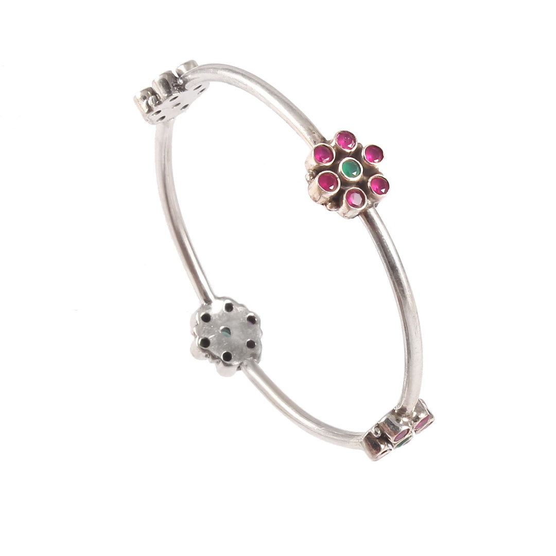 Silver Floral Design, Pink Stone Classic Bangle
