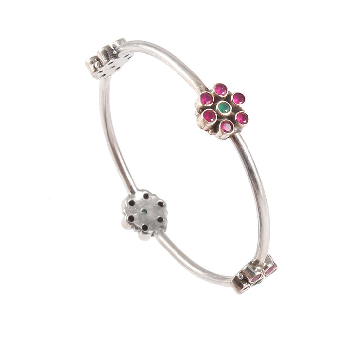 Silver Floral Design, Pink Stone Classic Bangle