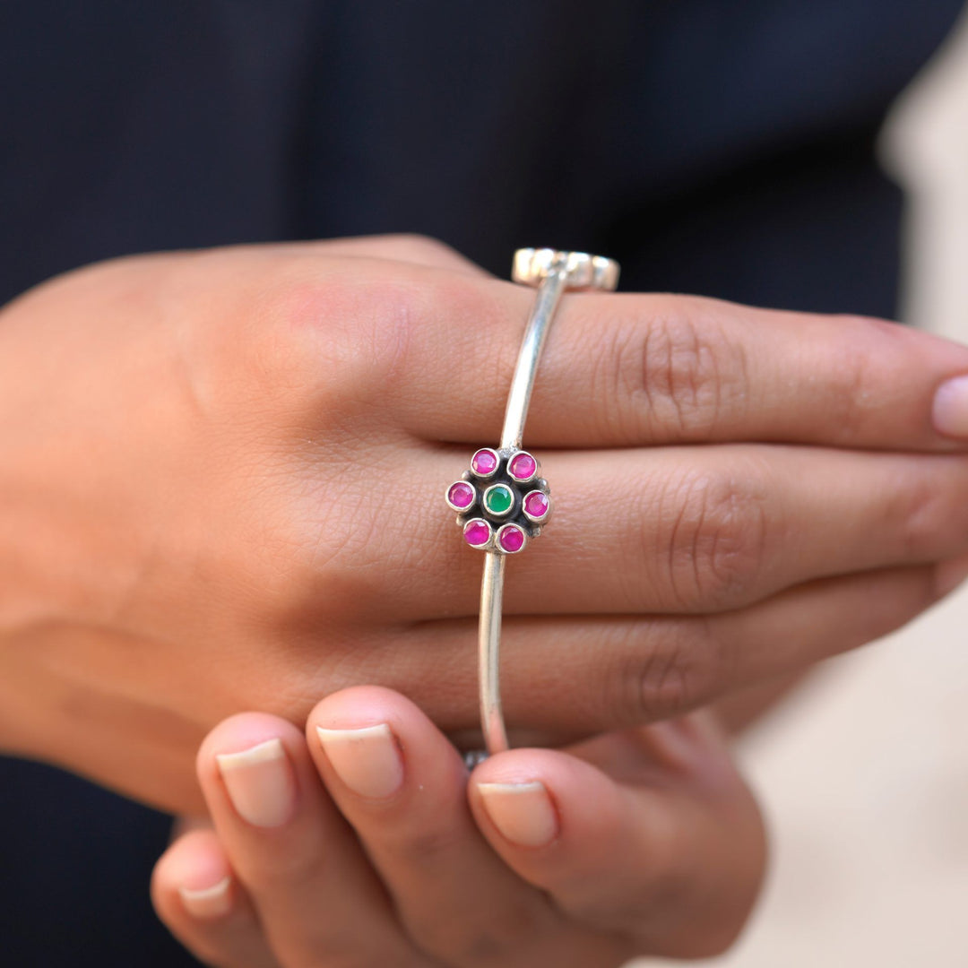 Silver Floral Design, Pink Stone Classic Bangle