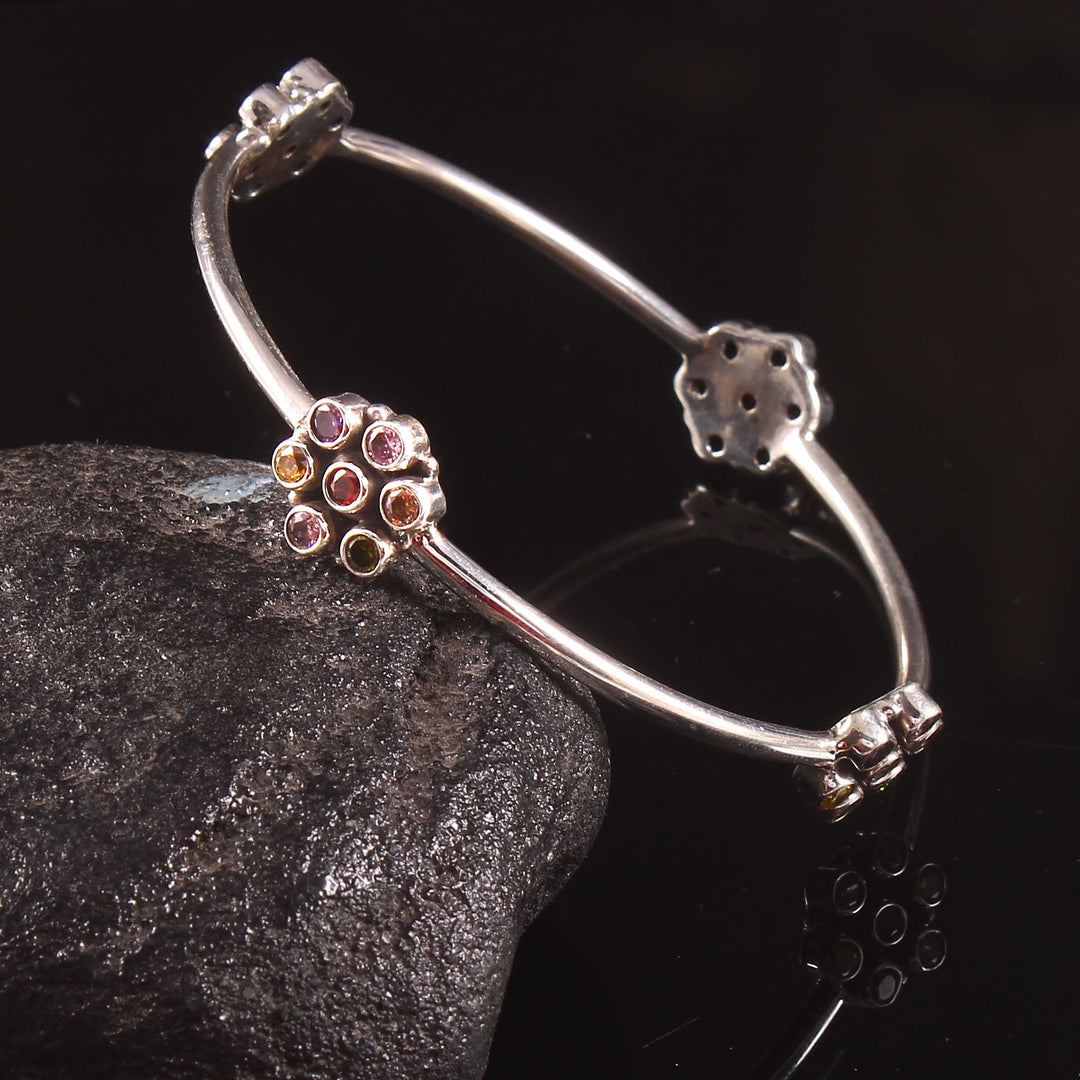 Silver Floral Design, Multi Stone Classic Bangle