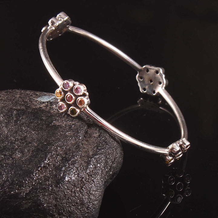 Silver Floral Design, Multi Stone Classic Bangle
