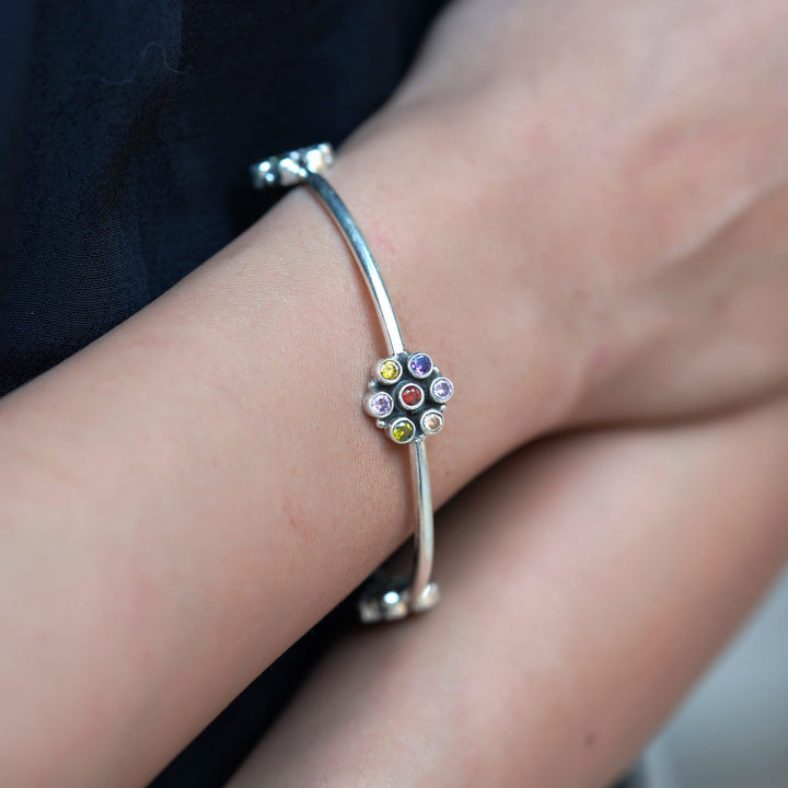 Silver Floral Design, Multi Stone Classic Bangle