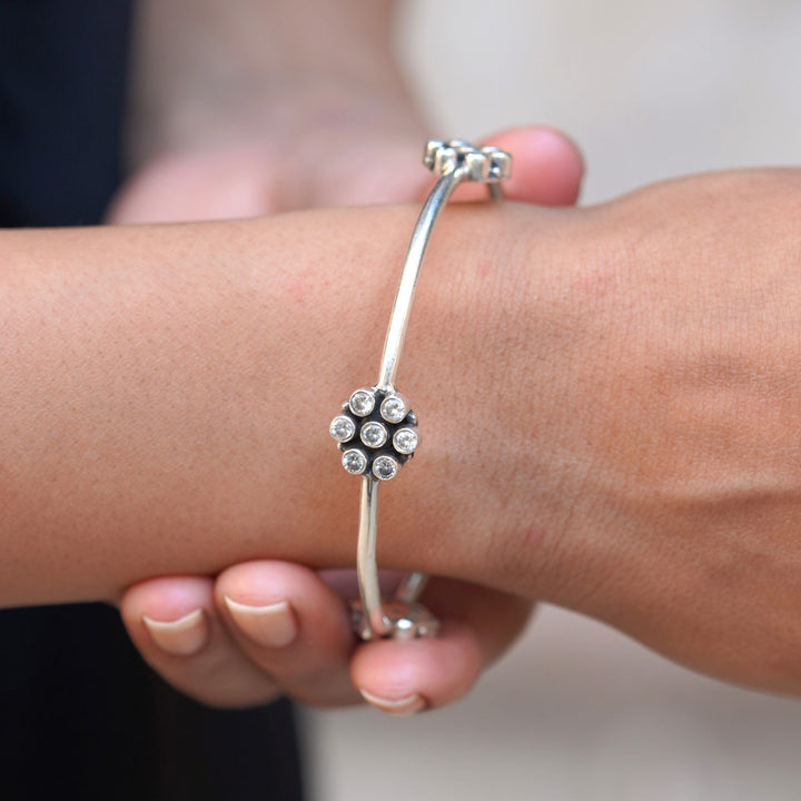 Silver Floral Design, Zircon Stone Classic Bangle