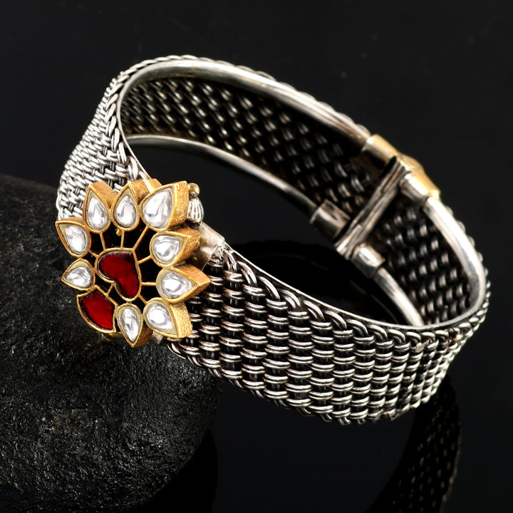 Silver Floral White & Red Classic Bangle