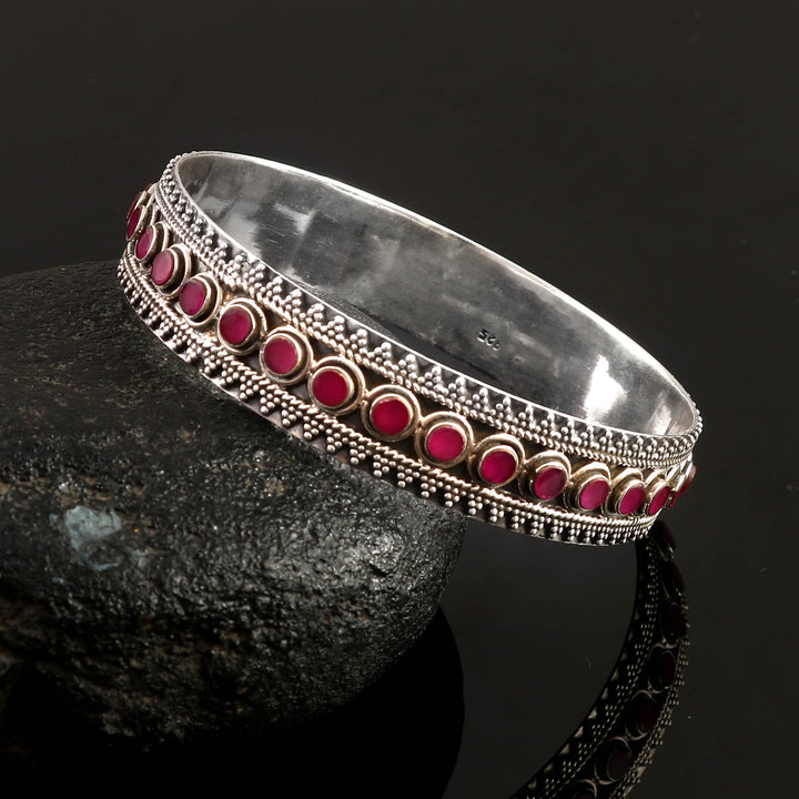 Silver Oxidized Pink Cut-Stones Kada Bangle