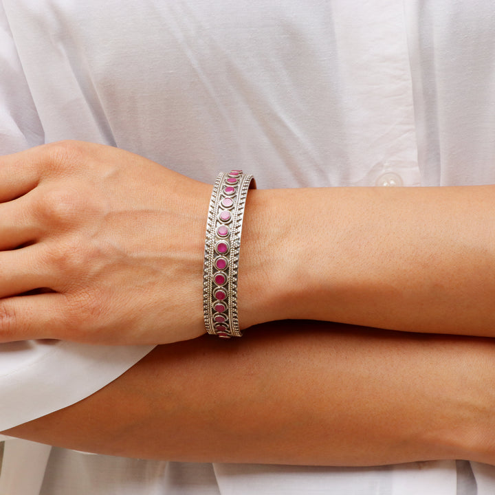 Silver Oxidized Pink Cut-Stones Kada Bangle