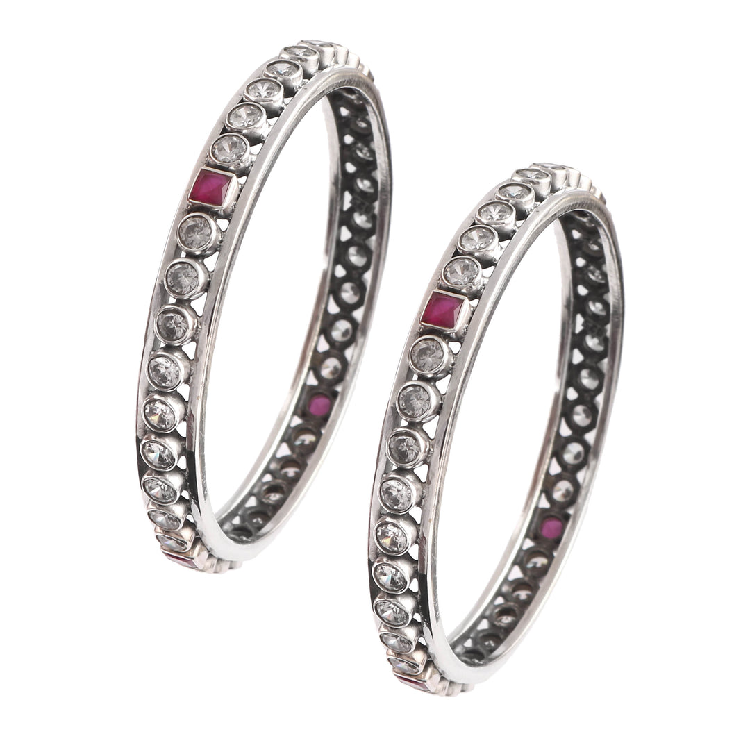 Silver Pink & White Cut-Stones Kada Bangles