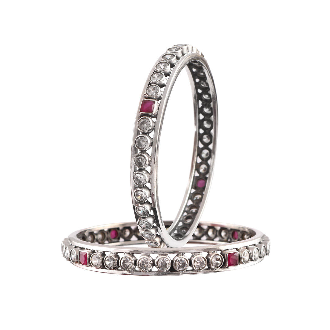 Silver Pink & White Cut-Stones Kada Bangles