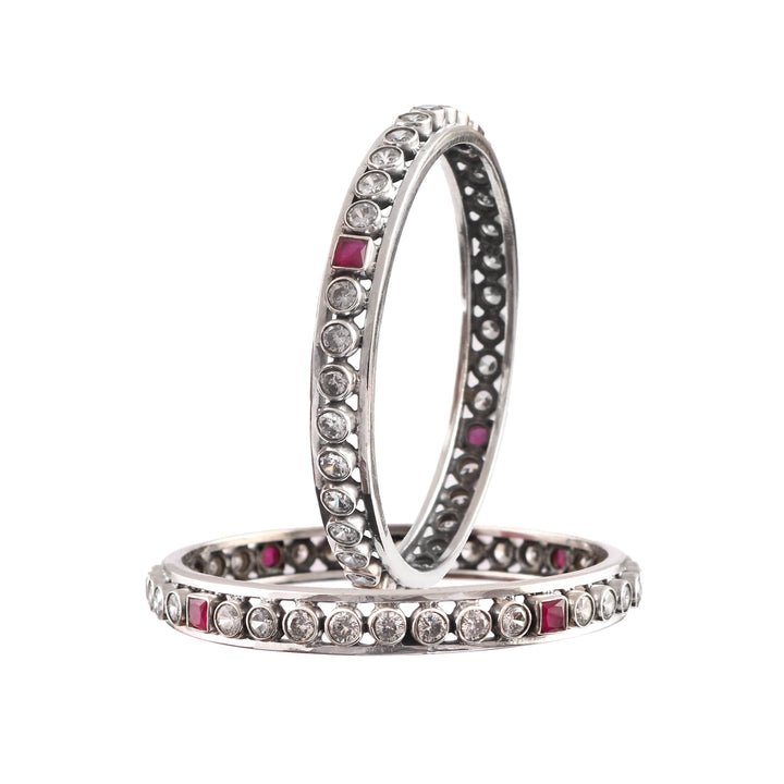 Silver Pink & White Cut-Stones Kada Bangles