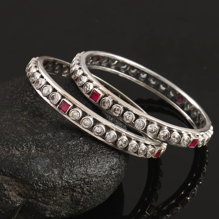 Silver Pink & White Cut-Stones Kada Bangles