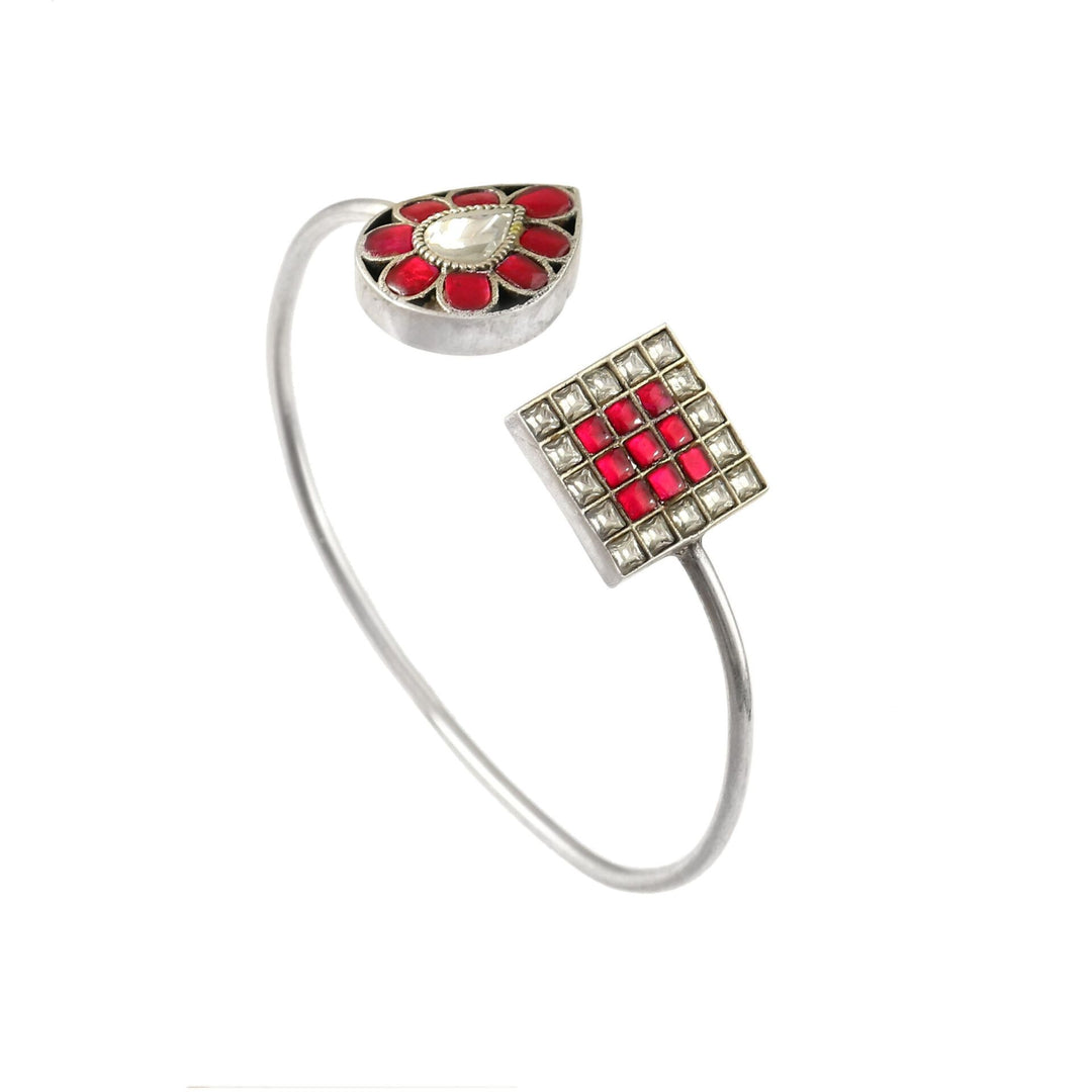 Silver Floral Pink & White Kundan Bangle