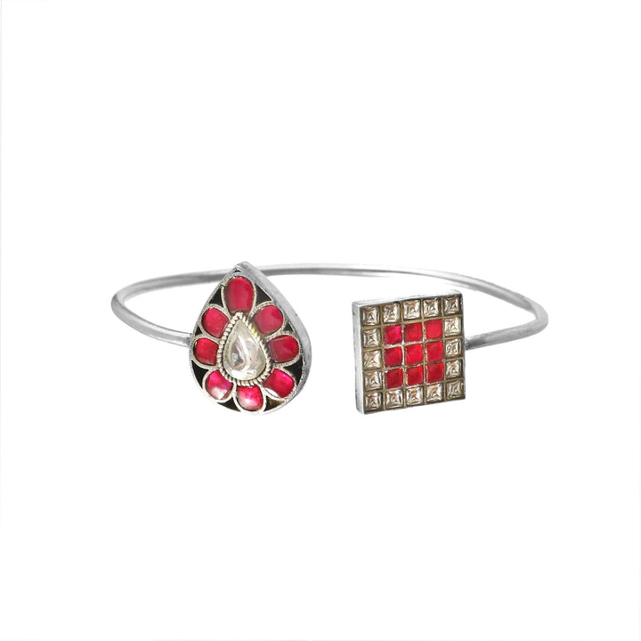 Silver Floral Pink & White Kundan Bangle