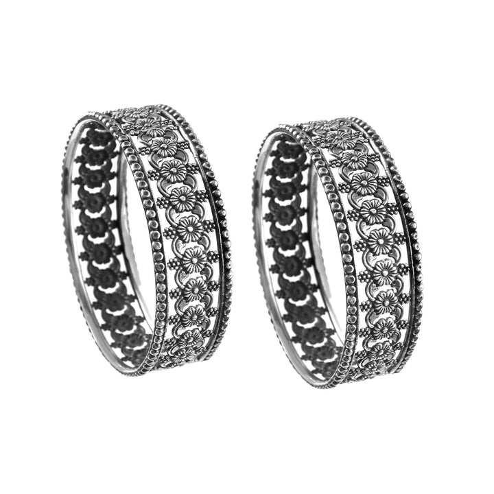 Silver Oxidized Floral Kada Bangle