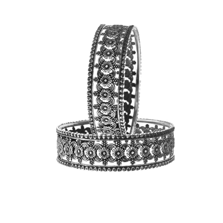 Silver Oxidized Floral Kada Bangle