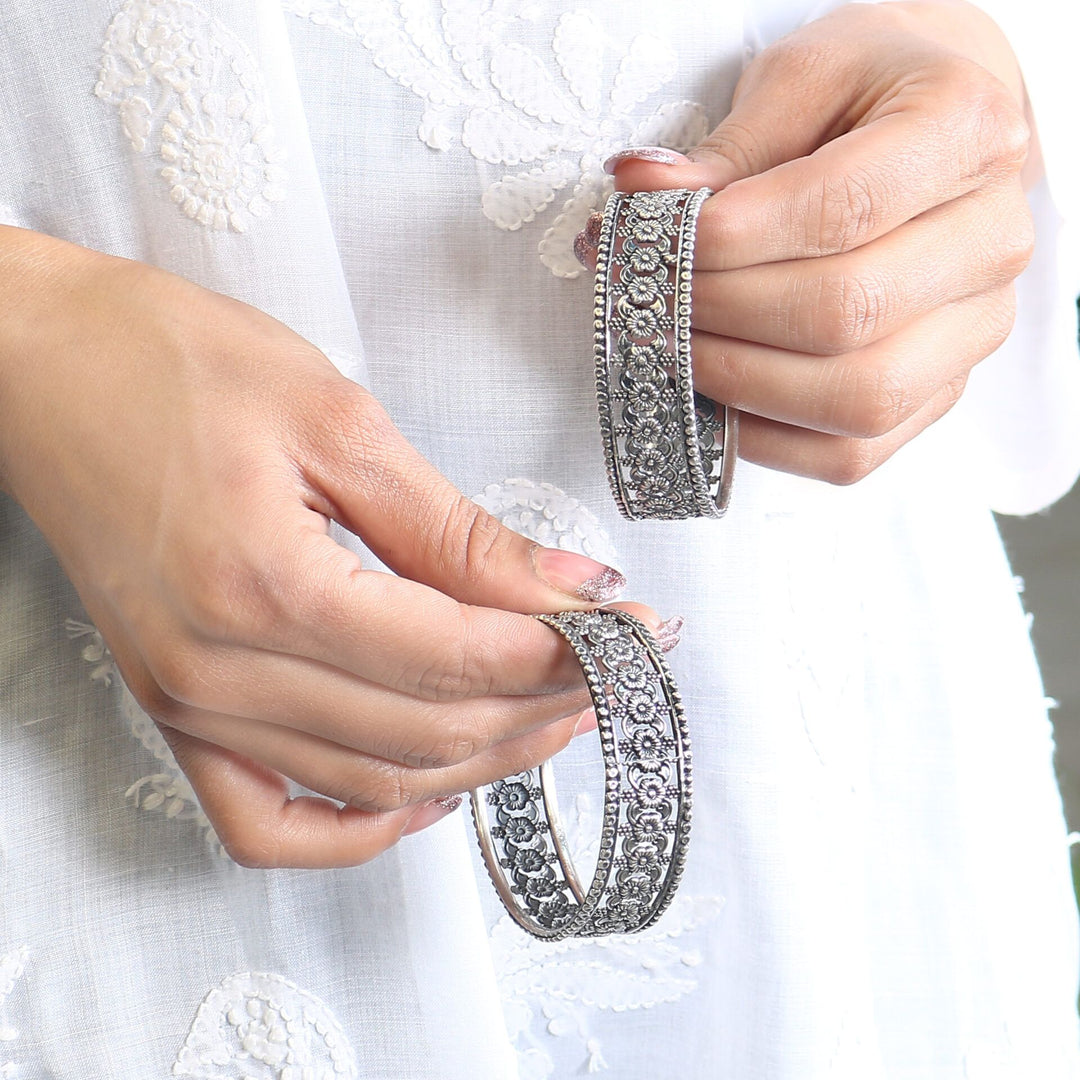 Silver Oxidized Floral Kada Bangle