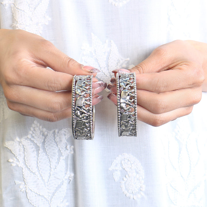 Silver Elephant Design Oxidized Bangle