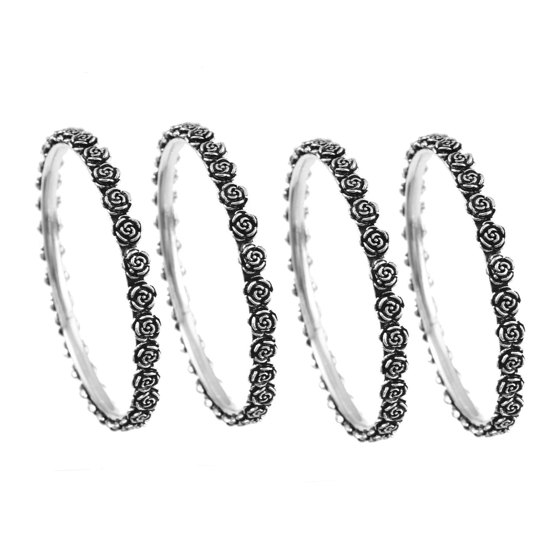 Silver Oxidized Rose Floral Design Bangle