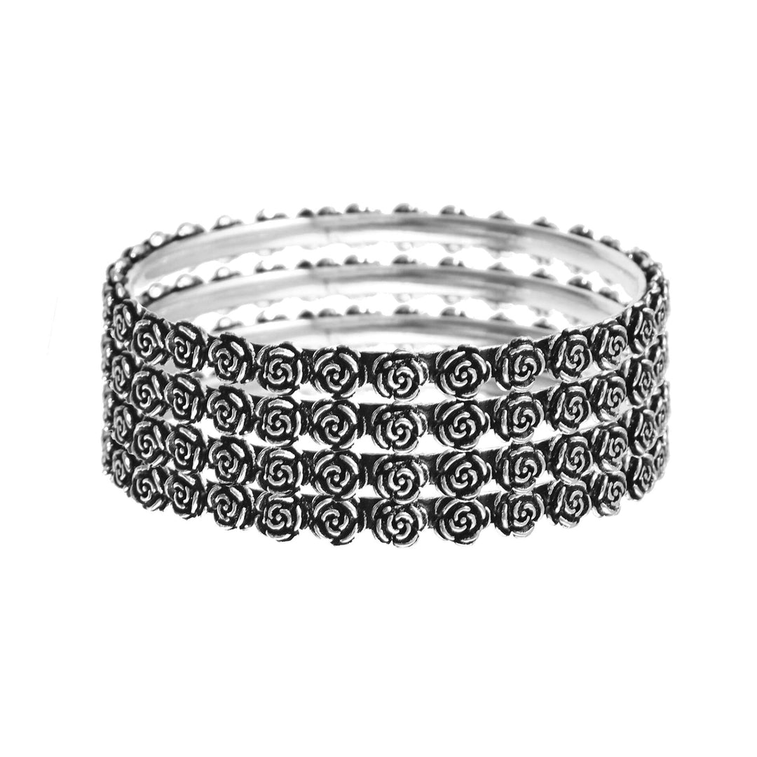 Silver Oxidized Rose Floral Design Bangle