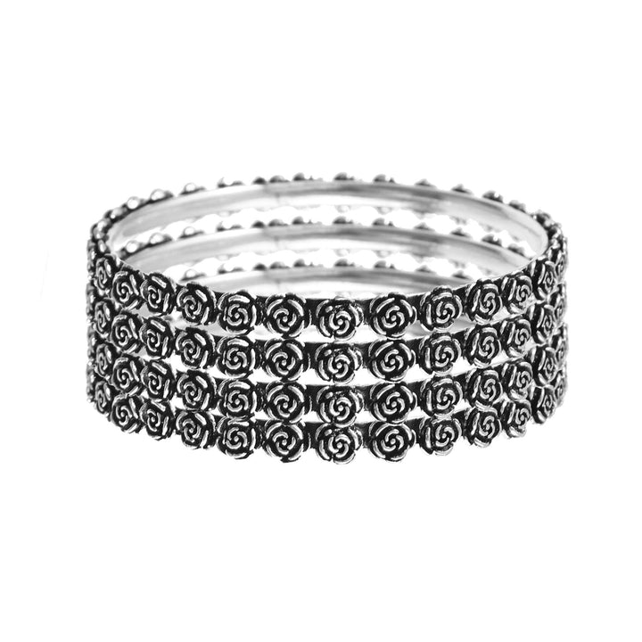 Silver Oxidized Rose Floral Design Bangle