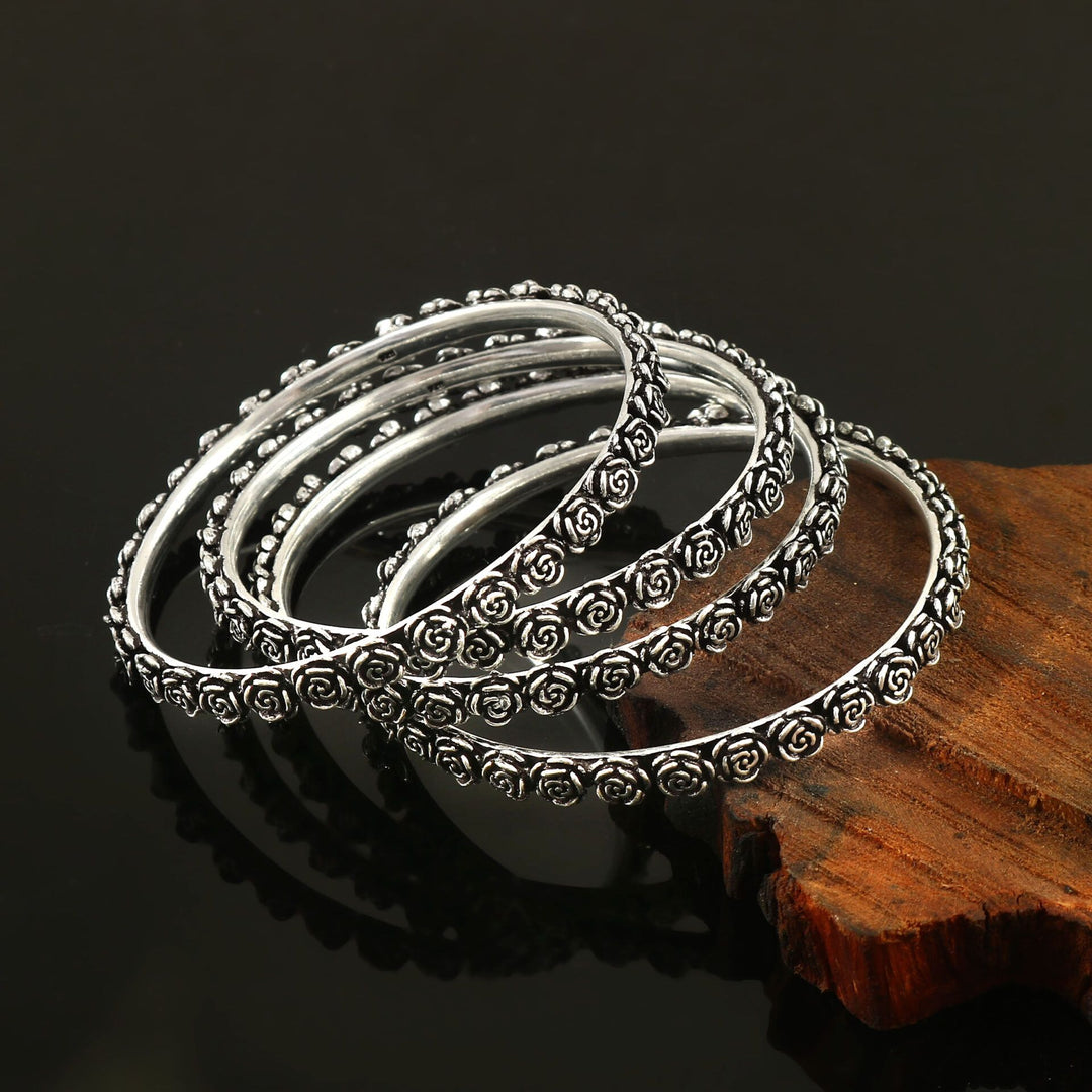 Silver Oxidized Rose Floral Design Bangle