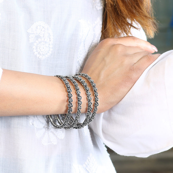 Silver Oxidized Rose Floral Design Bangle