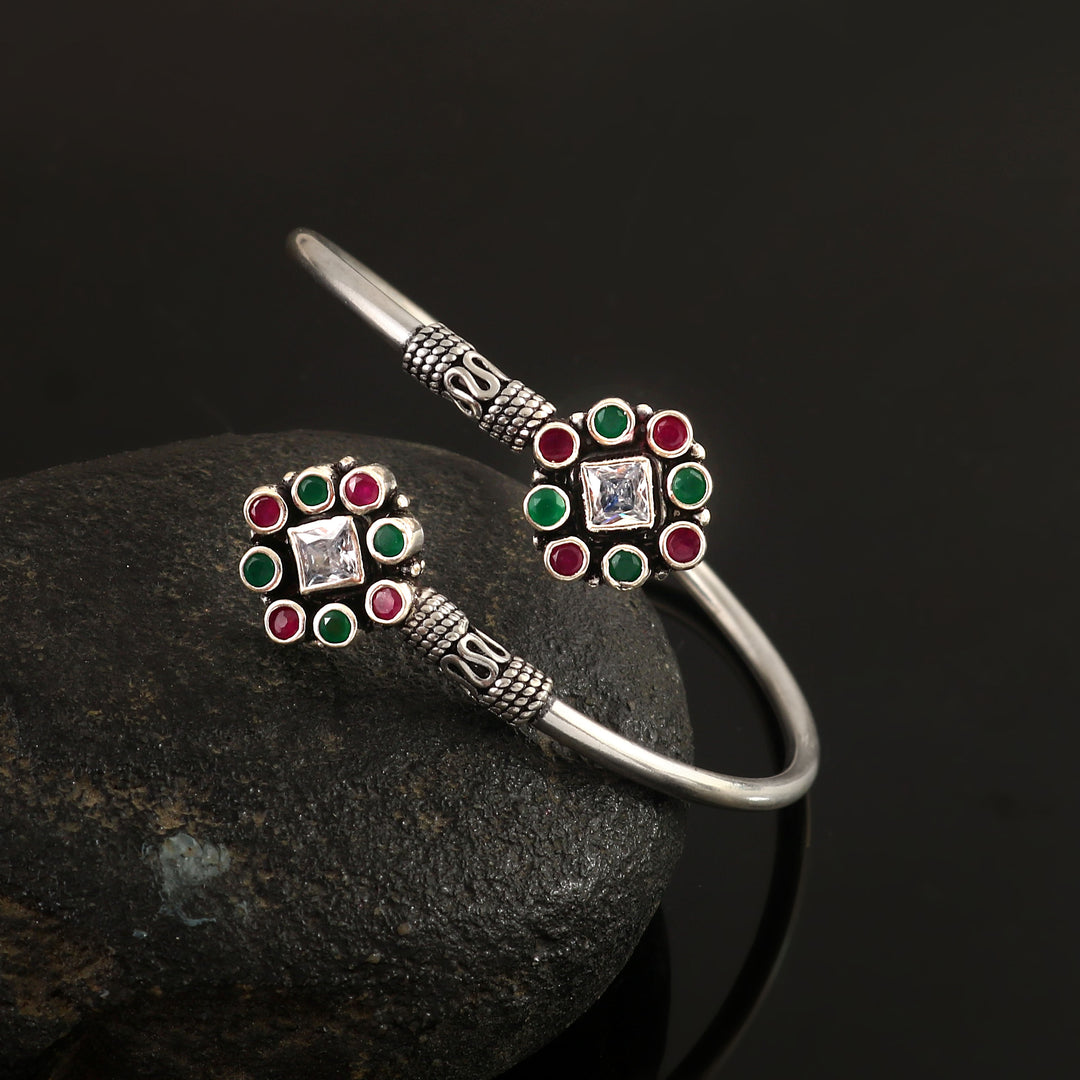 Silver Floral Cut-Stone Twister Bangle
