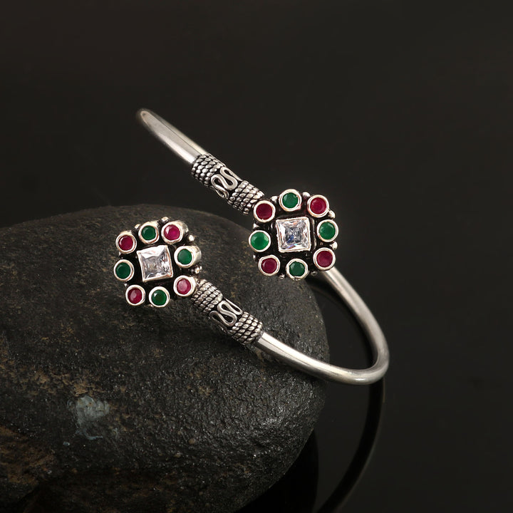 Silver Floral Cut-Stone Twister Bangle