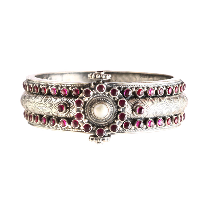 Silver Oxidized Pink & White Openable Bangle
