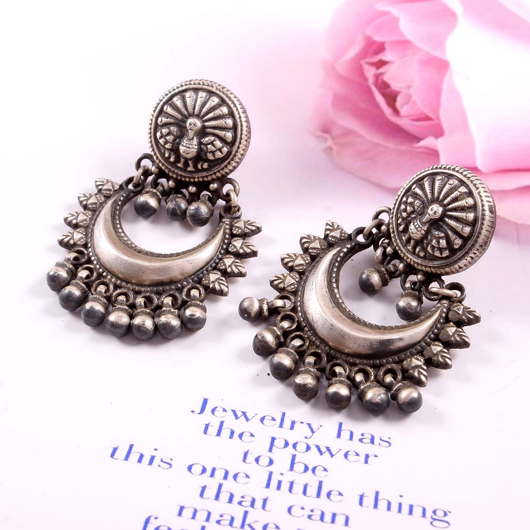 Silver Peacock With Ghungroo Ear Studs