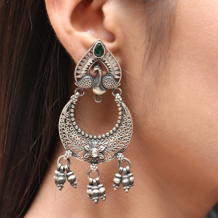 Silver Tear-Drop Peacock Stud Earrings