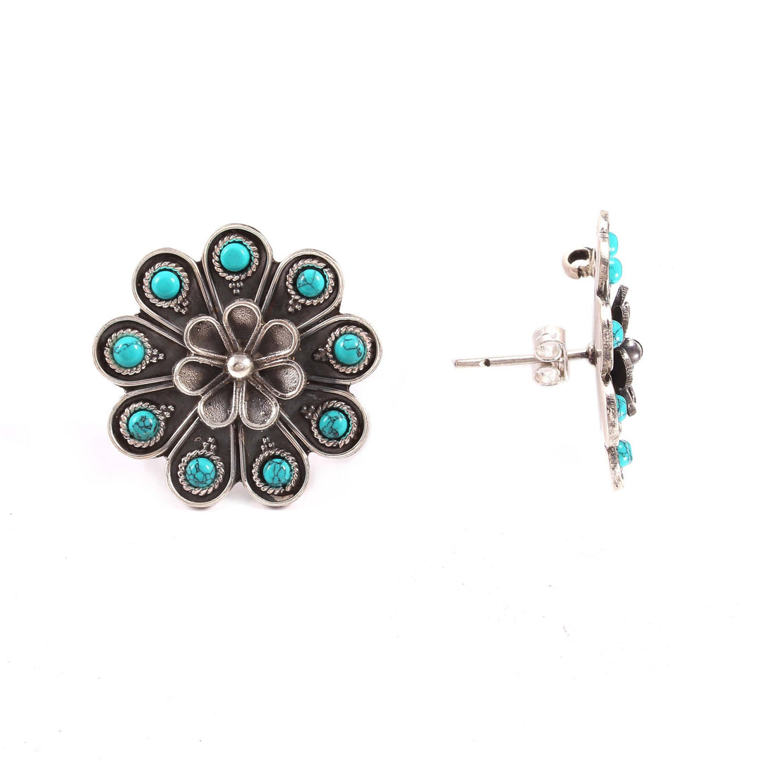 Silver Turquoise Floral Ear Studs
